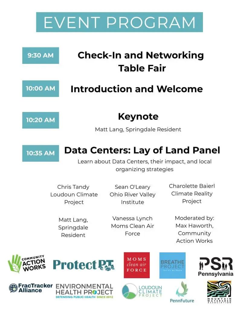 Event program poster: schedule with times and session titles, plus sponsor logos at bottom showing multiple organizations.